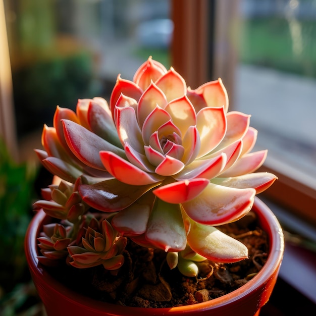 Echeveria suculenta en una olla en una ventana en un día soleado