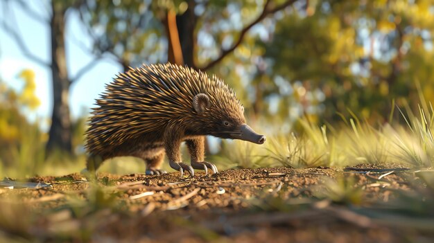 Foto una echidna linda caminando en el bosque australiano la echidna es un monotrem que significa que pone huevos está cubierta de espinas y tiene un largo hocico