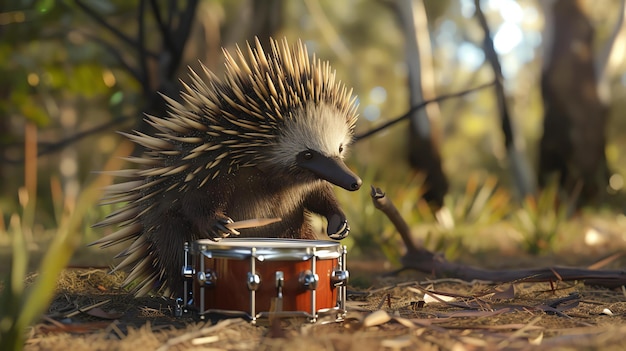 Foto una echidna linda está tocando los tambores en el bosque la echidna está sentada en un tronco y está usando sus patas delanteras para golpear el tambor