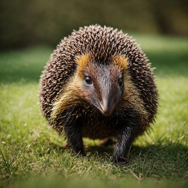 Echidna tachyglossus aculeatus caminando sobre hierba verde