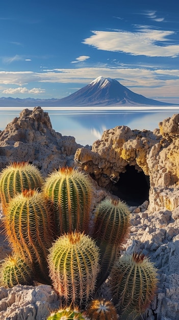 Echinopsis atacamensis pasacana subespecie cactus y cueva en el volcán Tunupa de la isla de Incahuasi