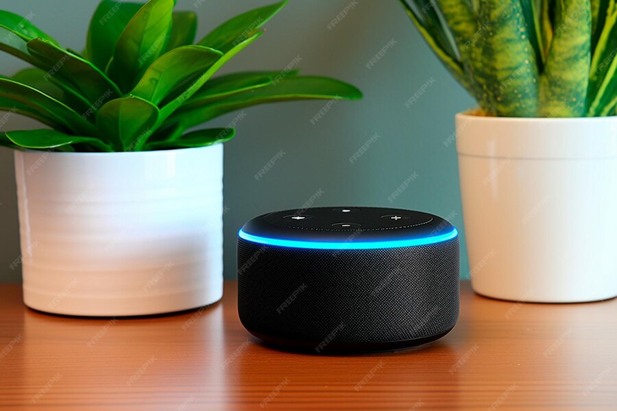 Echo von amazon alexa auf dem tisch alexa ist ein virtueller persönlicher assistent, der von 