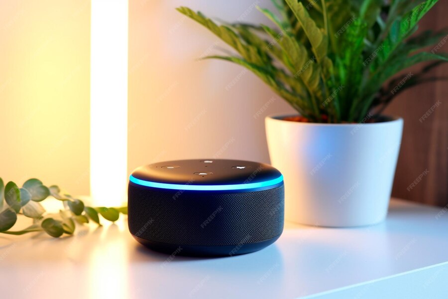 Echo von amazon alexa auf dem tisch alexa ist ein virtueller persönlicher assistent, der von 