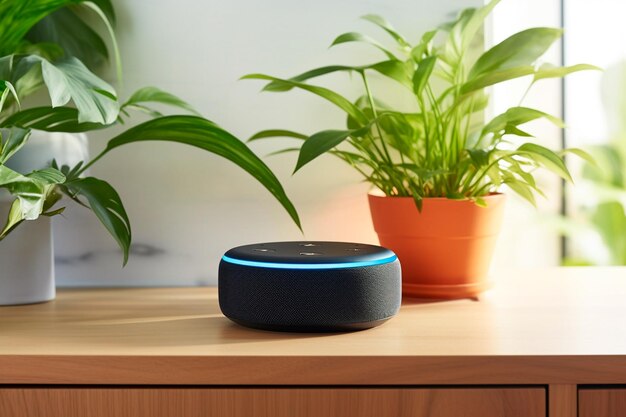 Echo von amazon alexa auf dem tisch alexa ist ein virtueller persönlicher assistent, der von 