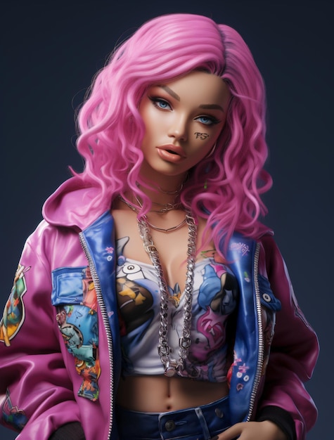 Echte blonde Plastikpuppe mit rosa Haaren, die Hip-Hop-Stil, Mode und Crop-Top trägt