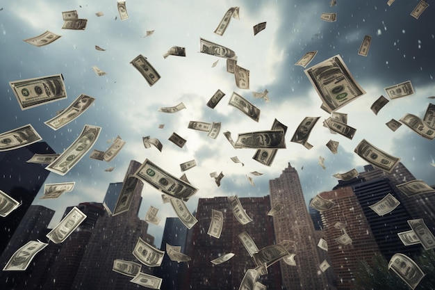 Echte Dollar-Geldregen Hunderte von Dollar fallen von oben