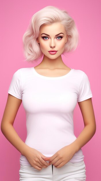 Echte Frauen wie Barbie, gekleidet in ein weißes, leeres T-Shirt
