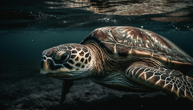 Echte Karettschildkröte taucht in Zeitlupe in tropisches Meer, generiert von KI