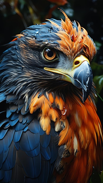 echte Vogel orange blaue Federn sitzende Baumzweig wunderschöner Dschungel Ranger Falke Blend Gesicht Öl tief