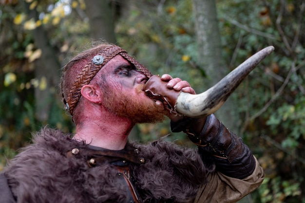 Echte Wikinger Echte Wikinger trinken aus einem Horn auf dem Land.