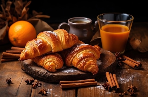 echte Zimt-Croissants mit Kaffee und Orangensaft auf Holz