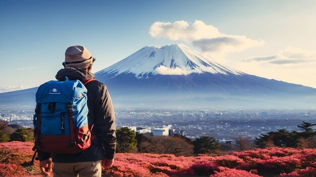 Echtes Foto für Backpacker, der die Aussicht auf den Berg Fuji in Japan im Backpack-Reisetema genießt