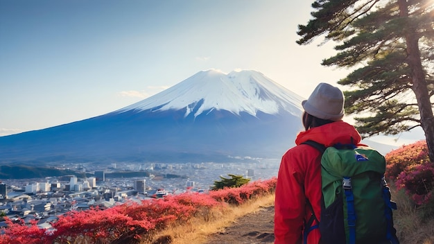 Echtes Foto für Backpacker, der die Aussicht auf den Berg Fuji in Japan im Backpack-Reisetema genießt