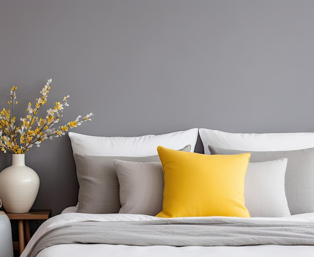 Echtes Foto von weißen Lampen über dem Bett mit geblümter Bettwäsche und gelbem Kissen als Kopierfläche an der grauen Wand