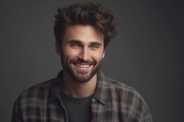 Echtes Lächeln eines selbstbewussten Mannes in trendigem Karosseriehemd und welligem Haar auf grauem Hintergrund