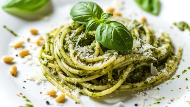 Foto eckansicht eines spaghetti pesto auf weißem hintergrund