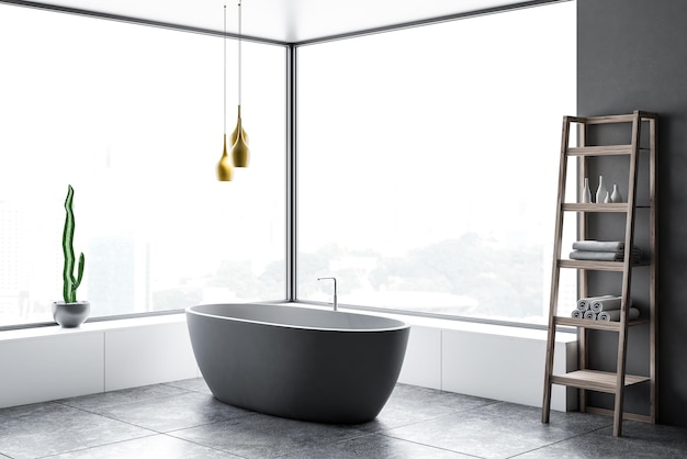 Ecke des Panorama-Badezimmers mit grauen Wänden, Fliesenboden, weißer Badewanne, Holzregalen mit Handtüchern und weißen Schubladen. 3D-Rendering