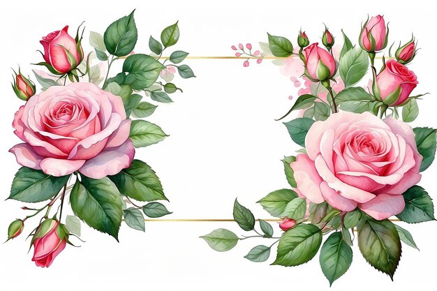 Eckrahmen mit rosa Rosenblättern und Knospen auf weißem Hintergrund, handgezeichnete Aquarellillustration