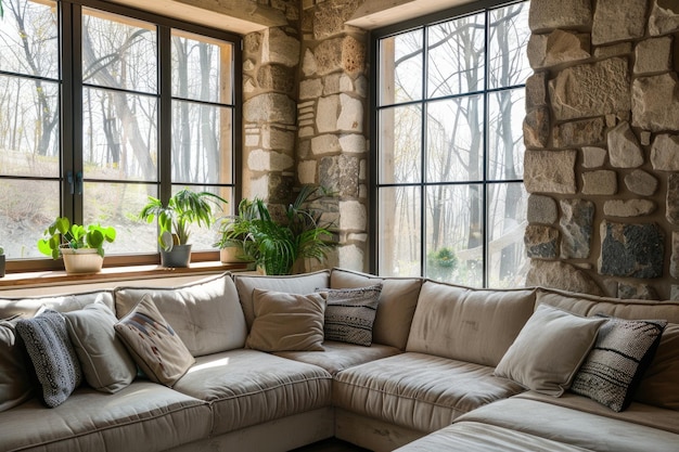 Ecksofa mit Regalen im skandinavischen Stil Innenarchitektur eines modernen Wohnzimmers in einem Bauernhaus