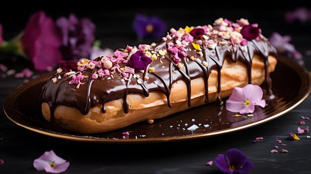 Eclair de chocolate cremoso con pétalos de rosa de flores comestibles