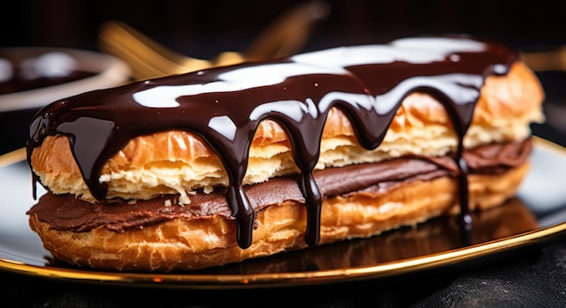 Un eclair cubierto de chocolate en un plato negro ai