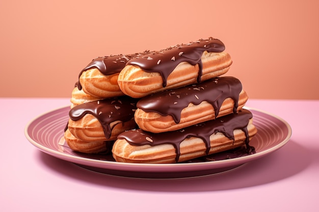 Eclairs de chocolate em um plano de perto de um prato