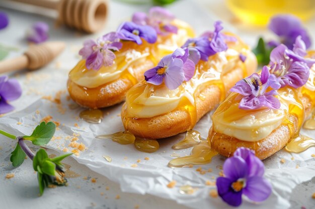 Eclairs rociados con miel y adornados con violetas confitadas IA generativa