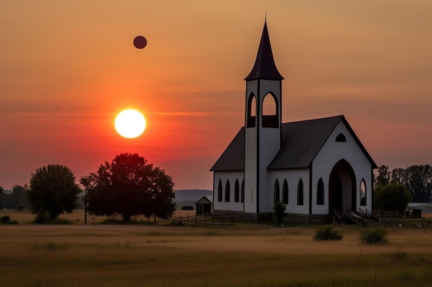 Eclipse y la clásica iglesia de campo