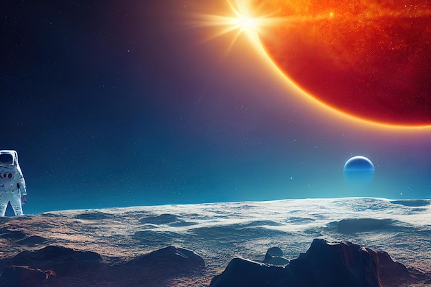 Eclipse estelar Exoplanetas e astronautas no espaço profundo Ficção científica 3d renderização Ilustração raster