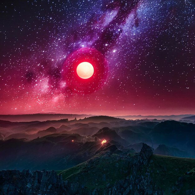 Foto eclipse de la luna roja y la vía láctea