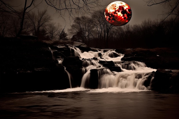 Eclipse lunar parcial con una majestuosa cascada