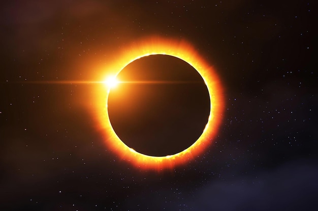 Un eclipse solar con un anillo amarillo a su alrededor.