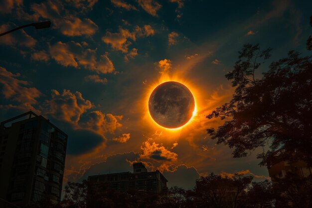 Foto eclipse solar com anel amarelo