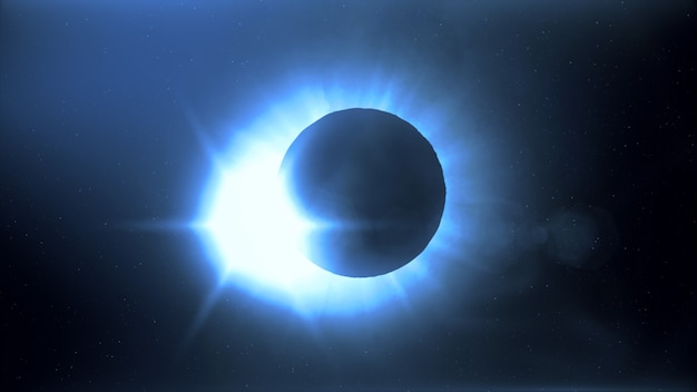 Eclipse solar completo. La Luna cubre principalmente el Sol visible creando un efecto de anillo de diamantes. Este fenómeno astronómico puede verse como un signo del fin del mundo. Ilustración 3d