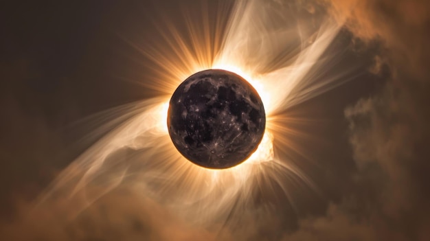 Eclipse solar con corona brillante y cielo oscuro