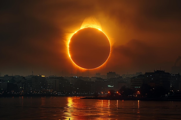 Eclipse solar sobre a cidade à noite