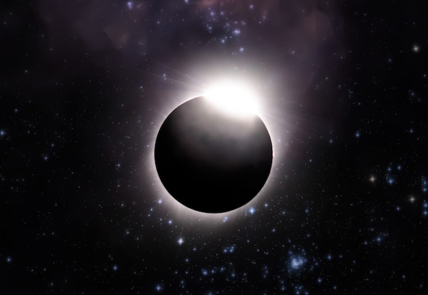 El eclipse solar total, vista desde el espacio exterior con estrellas de fondo de galaxias. elementos de esta imagen proporcionada por la nasa