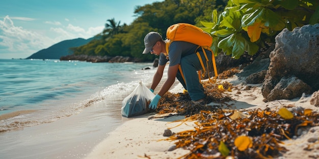 Foto eco activista limpiando la basura de la playa ia generativa