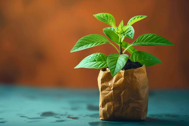 Foto eco chic pequena planta verde num saco de papel conceito de sustentabilidade