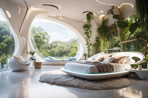 Eco Chic Retreat Stellen Sie sich ein nachhaltiges, futuristisches Schlafzimmer der Zukunft vor