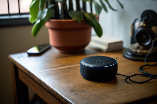 Eco da Amazon Alexa na mesa Alexa é um assistente pessoal virtual desenvolvido pela Amazon com o objetivo de auxiliar na execução de algumas tarefas do dia a dia O usuário interage por meio da fala
