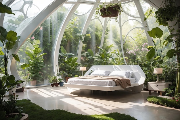 Eco Eden Um quarto futurista em um biodomo autossustentável