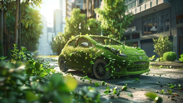 Eco grüne saubere Energie Blätter decken das Auto in der modernen Stadt für nachhaltige und erneuerbare Ökologie env