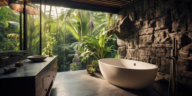 Eco naturaleza baño orgánico apartamento de hotel en estilo tropical con una ventana enorme