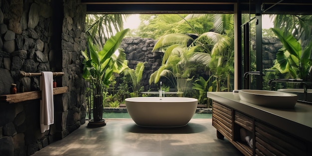 Eco naturaleza baño orgánico apartamento de hotel en estilo tropical con una ventana enorme