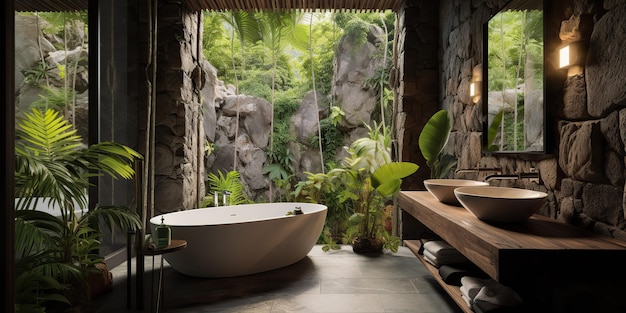 Eco naturaleza baño orgánico apartamento de hotel en estilo tropical con una ventana enorme