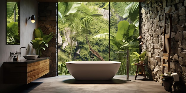 Eco naturaleza baño orgánico apartamento de hotel en estilo tropical con una ventana enorme