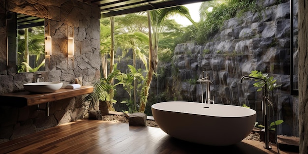 Eco naturaleza baño orgánico apartamento de hotel en estilo tropical con una ventana enorme