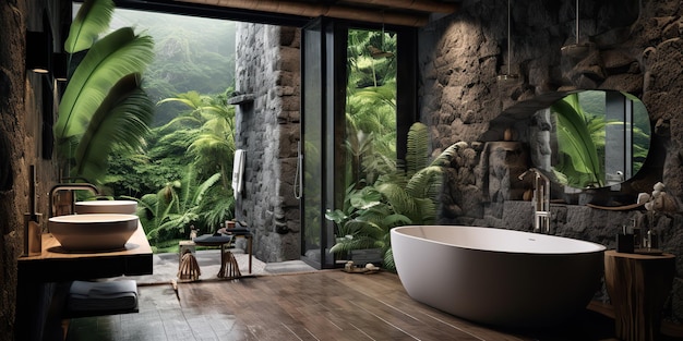 Eco naturaleza baño orgánico apartamento de hotel en estilo tropical con una ventana enorme