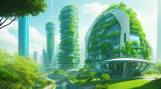 Foto eco revolution un paisaje urbano futurista redefinido por maravillas inmobiliarias sostenibles